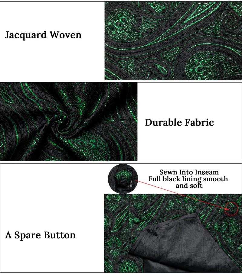 DiBanGu Men's Emerald Green Paisley Vest and Necktie Set 6PCS Pre-tied Bow Tie Silk Formal Waistcoat for Wedding Party, Green, M - Image 4