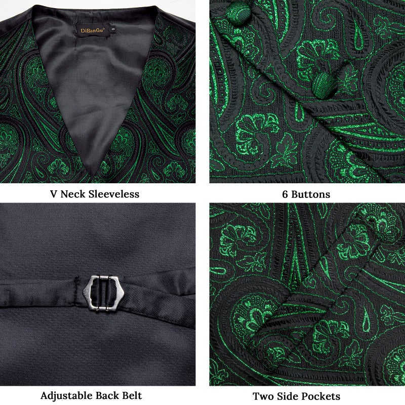 DiBanGu Men's Emerald Green Paisley Vest and Necktie Set 6PCS Pre-tied Bow Tie Silk Formal Waistcoat for Wedding Party, Green, M - Image 3