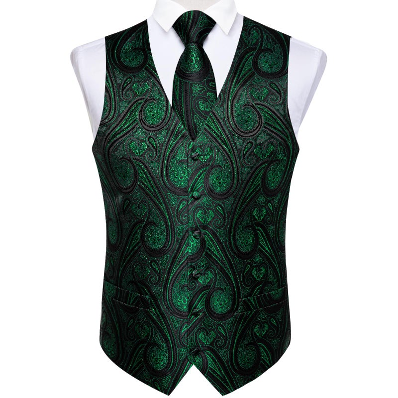 DiBanGu Men's Emerald Green Paisley Vest and Necktie Set 6PCS Pre-tied Bow Tie Silk Formal Waistcoat for Wedding Party, Green, M - Image 5