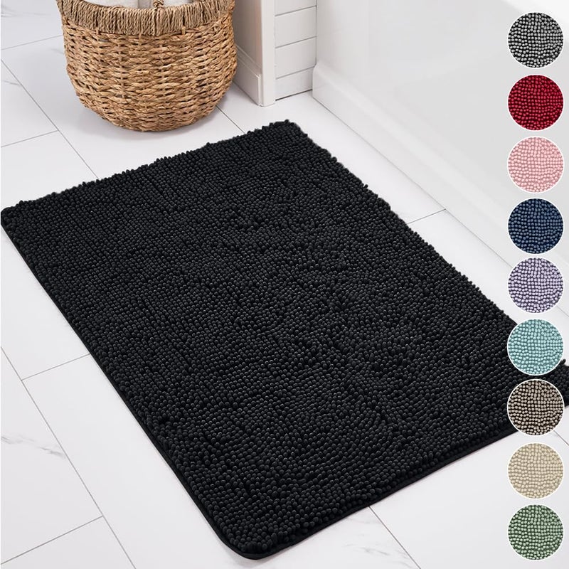 KANGAROO Bathroom Rugs  Chenille Soft Absorbent Bath Rug  Shaggy Shower Mat  Quick Dry Machine Wash Bathmat  Plush Carpet Mats for Tub  Bathtub and Bath Room Home Decor Accessories  60x24  Black - Image 1