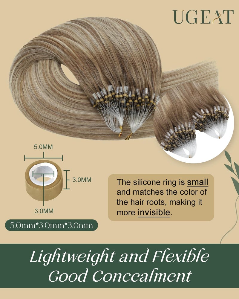 Ugeat Micro Link Hair Extensions Balayage for Thicker Ombre Light Brown Micro Beads Real Human Hair Extensions Platinum Blonde to Add Volume No Damage By Cold Fusion 20 Inch 50S 50G - Image 3
