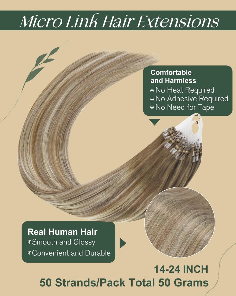 Ugeat Micro Link Hair Extensions Balayage for Thicker Ombre Light Brown Micro Beads Real Human Hair Extensions Platinum Blonde to Add Volume No Damage By Cold Fusion 20 Inch 50S 50G - Image 2