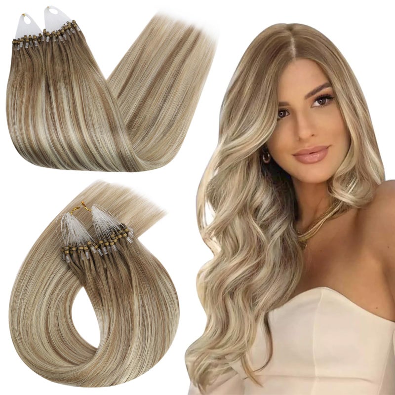 Ugeat Micro Link Hair Extensions Balayage for Thicker Ombre Light Brown Micro Beads Real Human Hair Extensions Platinum Blonde to Add Volume No Damage By Cold Fusion 20 Inch 50S 50G - Image 1