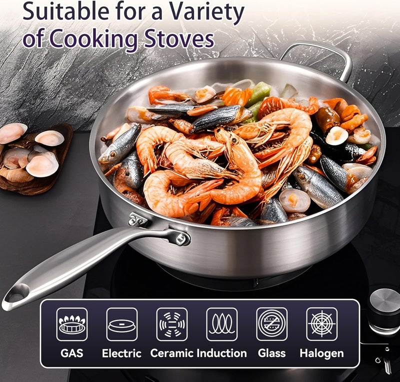 LOLYKITCH 5 Quarts Tri-Ply Stainless Steel Sauté Pan wih Lid, 12 Inch Deep Frying Pan,Jumbo Cooker,Induction Cooking Pan,Dishwasher and Oven Safe,Detachable Handle. - Image 4