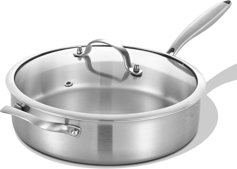 LOLYKITCH 5 Quarts Tri-Ply Stainless Steel Sauté Pan wih Lid, 12 Inch Deep Frying Pan,Jumbo Cooker,Induction Cooking Pan,Dishwasher and Oven Safe,Detachable Handle. - Image 1