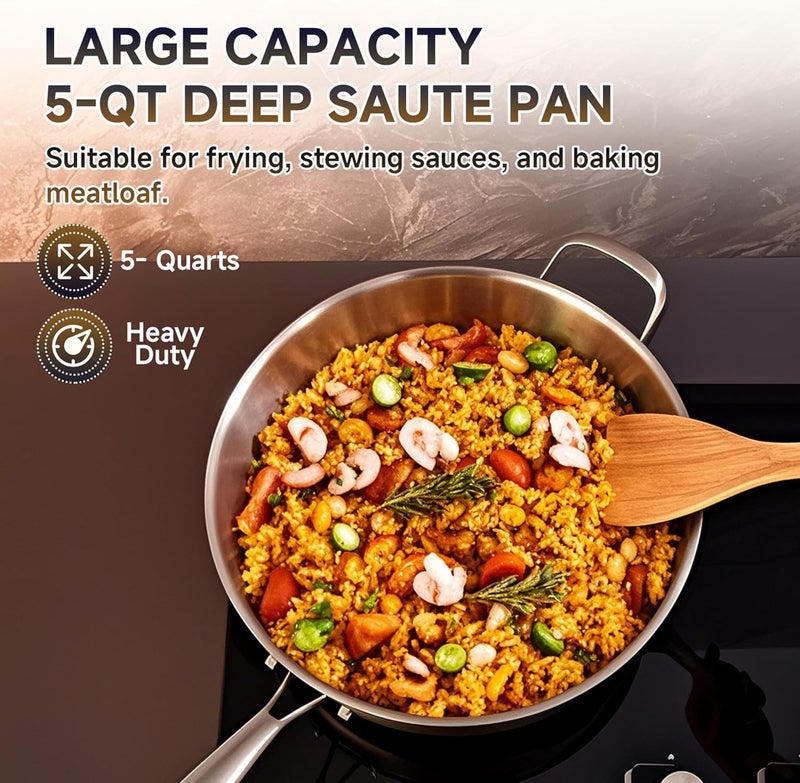 LOLYKITCH 5 Quarts Tri-Ply Stainless Steel Sauté Pan wih Lid, 12 Inch Deep Frying Pan,Jumbo Cooker,Induction Cooking Pan,Dishwasher and Oven Safe,Detachable Handle. - Image 2