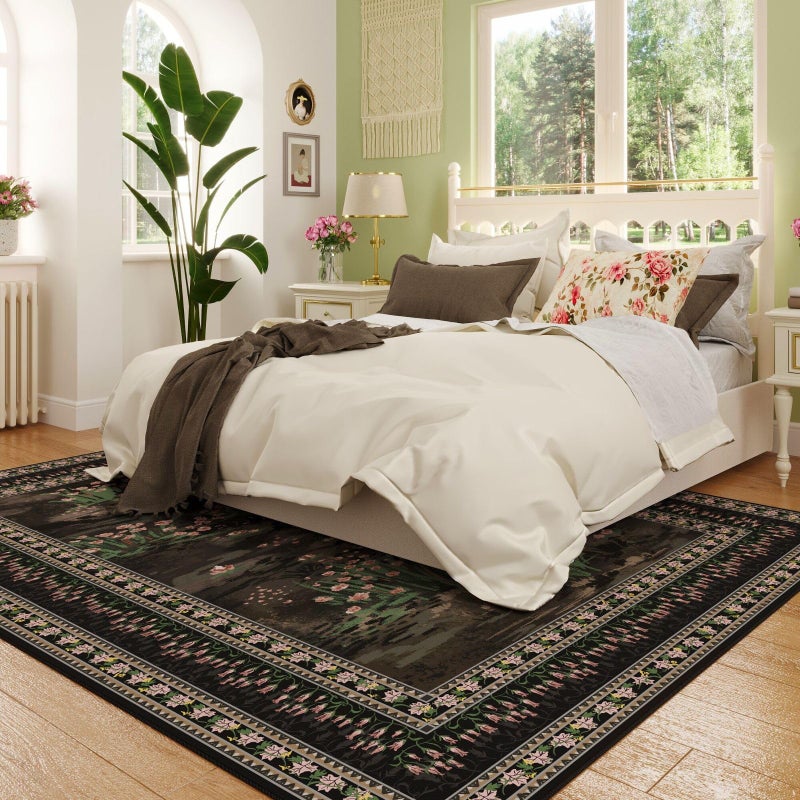 Rugcomf 5x7 Area Rugs Impressionist-Style Vintage Washable Area Rug Non Slip Low Pile Large Rugs for Living Room Bedroom Farmhouse Dining Room Kids Playroom, Black - Image 2