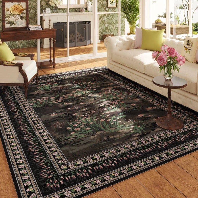 Rugcomf 5x7 Area Rugs Impressionist-Style Vintage Washable Area Rug Non Slip Low Pile Large Rugs for Living Room Bedroom Farmhouse Dining Room Kids Playroom, Black - Image 1