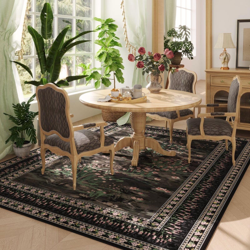 Rugcomf 5x7 Area Rugs Impressionist-Style Vintage Washable Area Rug Non Slip Low Pile Large Rugs for Living Room Bedroom Farmhouse Dining Room Kids Playroom, Black - Image 3