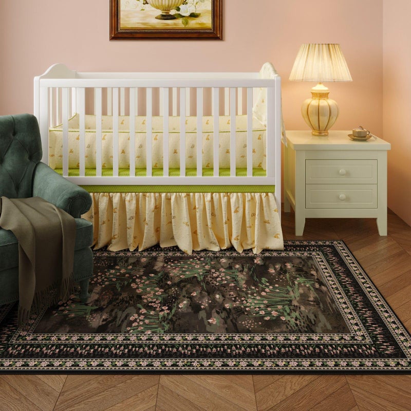 Rugcomf 5x7 Area Rugs Impressionist-Style Vintage Washable Area Rug Non Slip Low Pile Large Rugs for Living Room Bedroom Farmhouse Dining Room Kids Playroom, Black - Image 4
