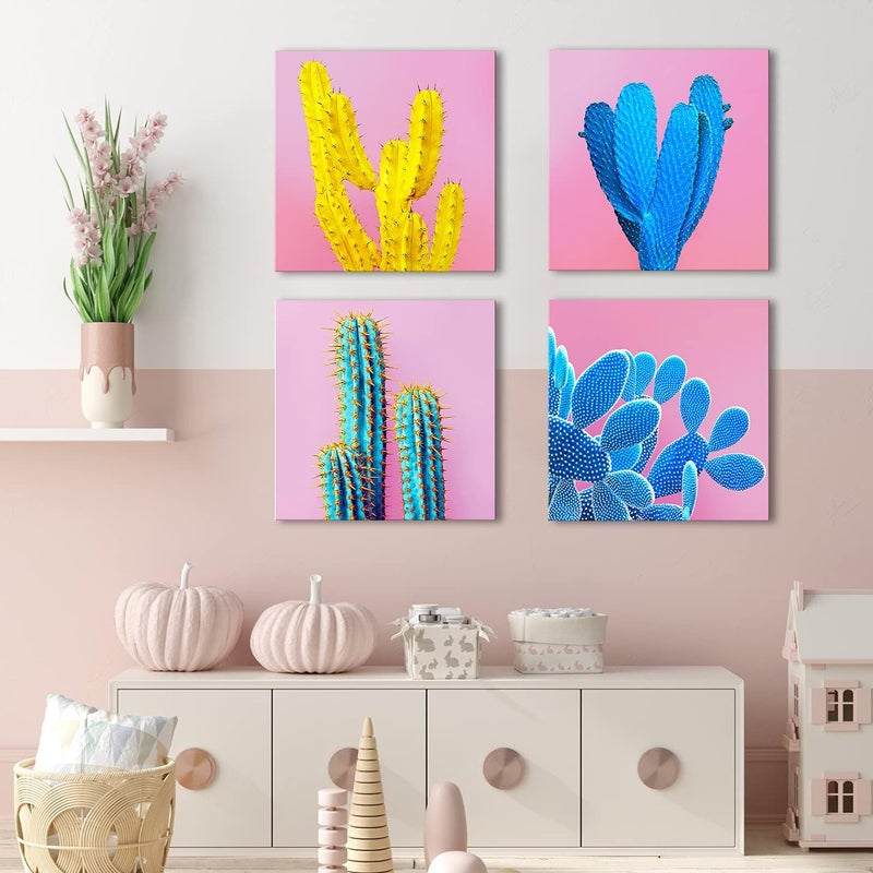 sunfrower Cactus Wall Art Bathroom Mexican Decor Colorful Succulent Wall Decor Pink Pop Art Boho Home Decor Desert Plant Canvas Pictures Modern Artworks for Living Room Bedroom Kitchen Decorations 12x12” 4 Pcs - Image 2