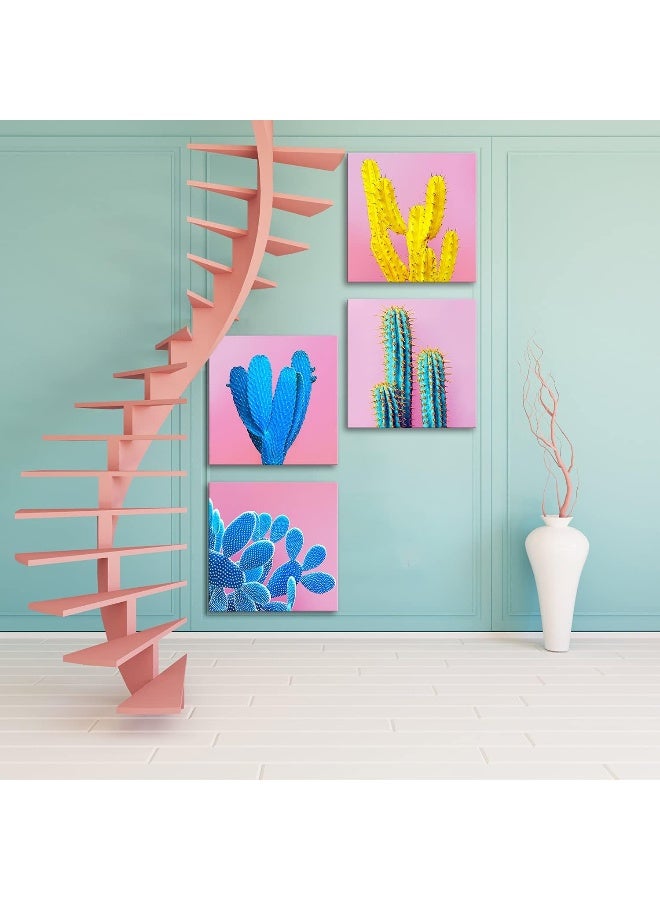 sunfrower Cactus Wall Art Bathroom Mexican Decor Colorful Succulent Wall Decor Pink Pop Art Boho Home Decor Desert Plant Canvas Pictures Modern Artworks for Living Room Bedroom Kitchen Decorations 12x12” 4 Pcs - Image 5