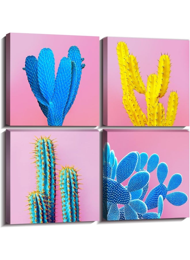 sunfrower Cactus Wall Art Bathroom Mexican Decor Colorful Succulent Wall Decor Pink Pop Art Boho Home Decor Desert Plant Canvas Pictures Modern Artworks for Living Room Bedroom Kitchen Decorations 12x12” 4 Pcs - Image 1
