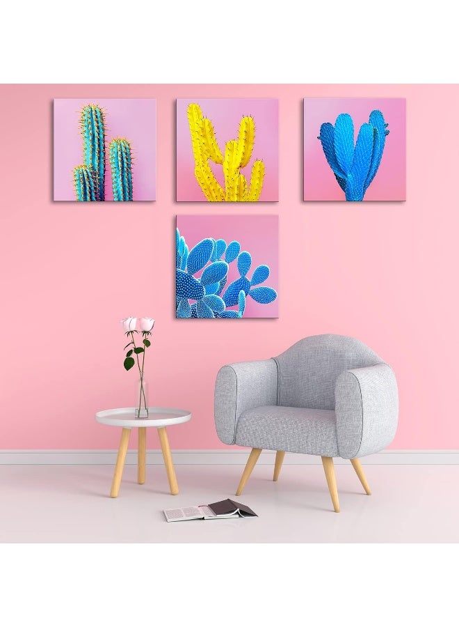 sunfrower Cactus Wall Art Bathroom Mexican Decor Colorful Succulent Wall Decor Pink Pop Art Boho Home Decor Desert Plant Canvas Pictures Modern Artworks for Living Room Bedroom Kitchen Decorations 12x12” 4 Pcs - Image 4