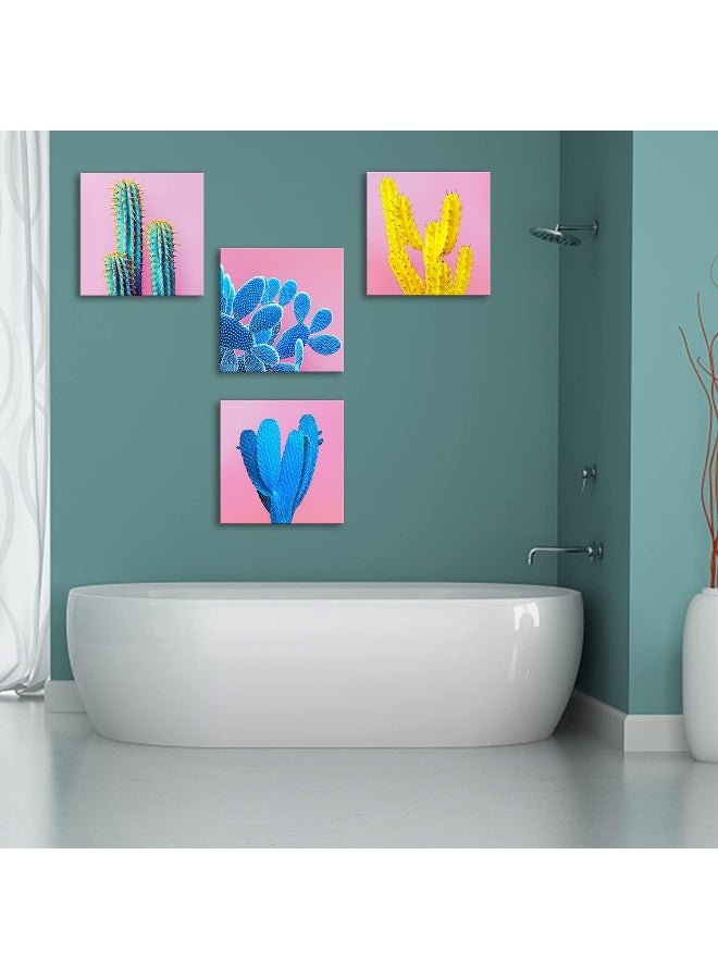 sunfrower Cactus Wall Art Bathroom Mexican Decor Colorful Succulent Wall Decor Pink Pop Art Boho Home Decor Desert Plant Canvas Pictures Modern Artworks for Living Room Bedroom Kitchen Decorations 12x12” 4 Pcs - Image 3