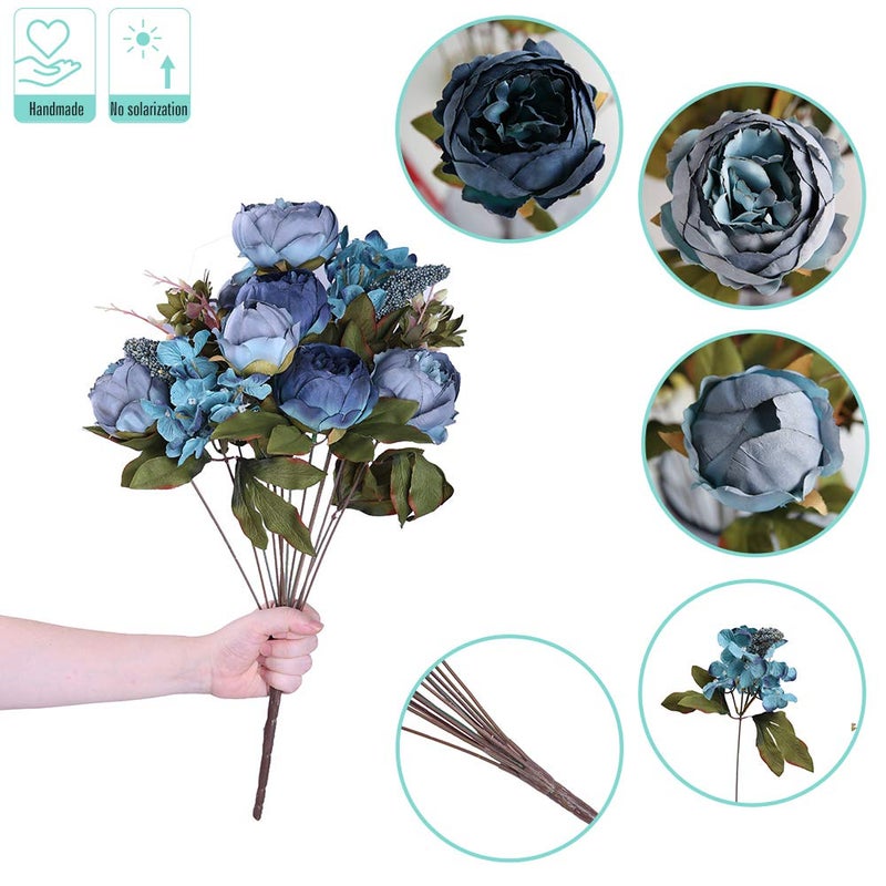 Kimura's Cabin Fake Peonies 2Bouquets Faux Silk Flower Vintage Artificial Peony Face Flowers Arrangement Bouquets for Home Table Centerpieces Wedding Party Decoration (Deep Lake Blue) - Image 2