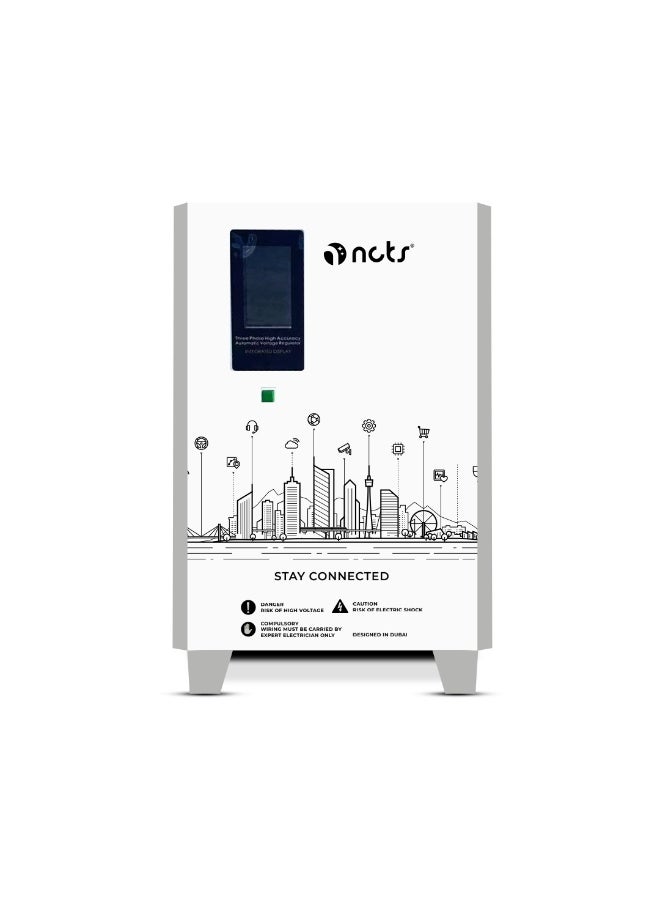 منظم جهد أوتوماتيكي ثلاثي الطور NCTS QSTROM PRO 40KVA (40KVA/34KW) سلسلة RT تحكم رقمي متقدم، جهد الإدخال 260V-450V، جهد الإخراج 380V، مثبت، مزود بدائرة حماية من الحمل الزائد في الإخراج