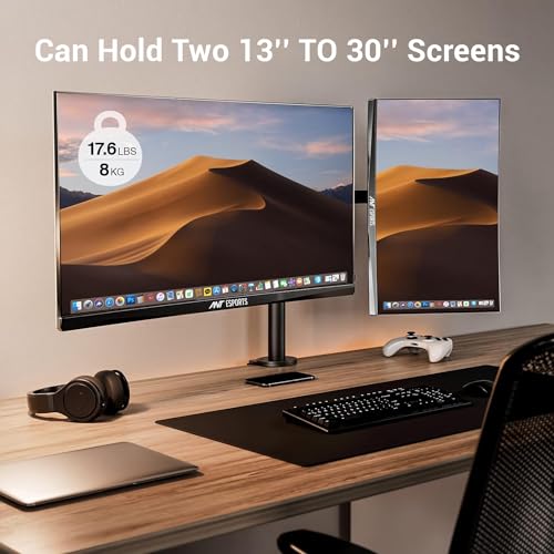 Ant Esports MA112 Dual Arm Articulating Monitor Desk Mount, Fully Adjustable Steel Stand with C-Clamp Grommet Base,VESA,Swivel, Rotation, Tilt and Height Adjustment, Holds 2 Screens up to 30"-Black - Image 2