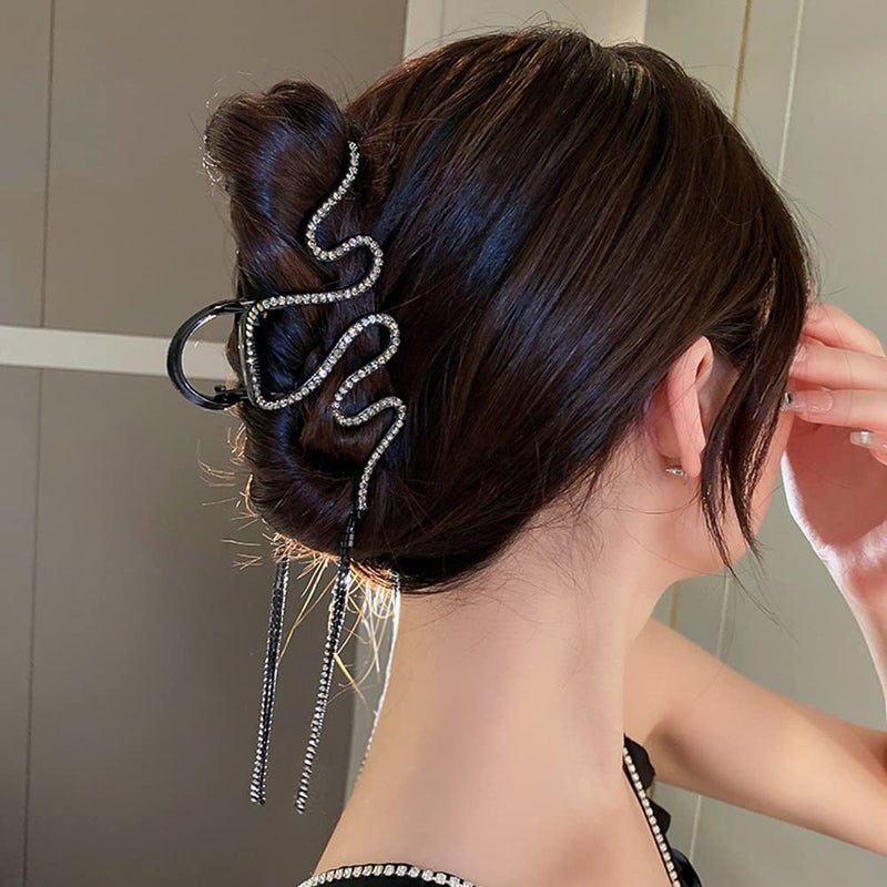Jumwrit Hair Clip Large Rhinestone Hair Claw Strong Hold Metal Hair Clip with Long Tassel Chain Fashion Hair Claw Clip for Thick Hair Black 1 Count