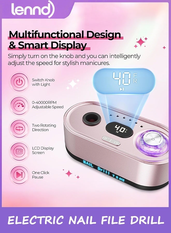 LENND 40000RPM Electric Nail File Drill Professional Kit, Drill Machine with LCD Display, Manicure Pedicure Polishing Acrylic Gel Nail Grinder for Salon, Home Use - Image 3