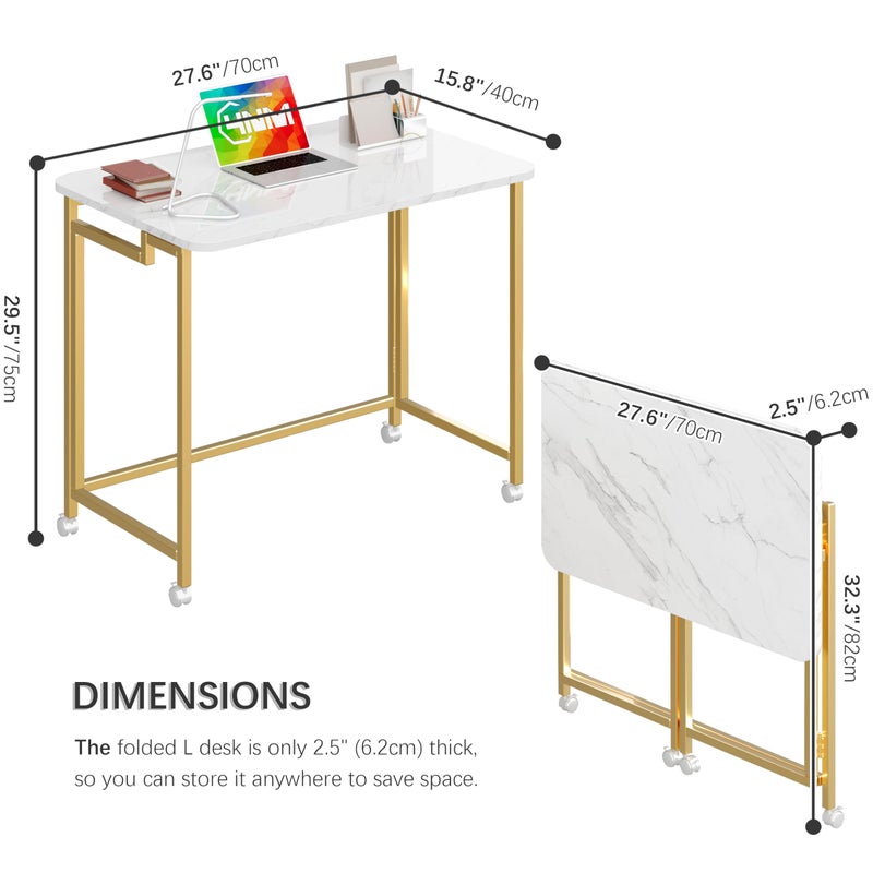 4NM 27.5" Mobile Small Rolling Computer Desk, Folding Laptop Cart Table with Wheels, Portable Office Desk for Small Space Couch Bed - White and Golden - Image 5