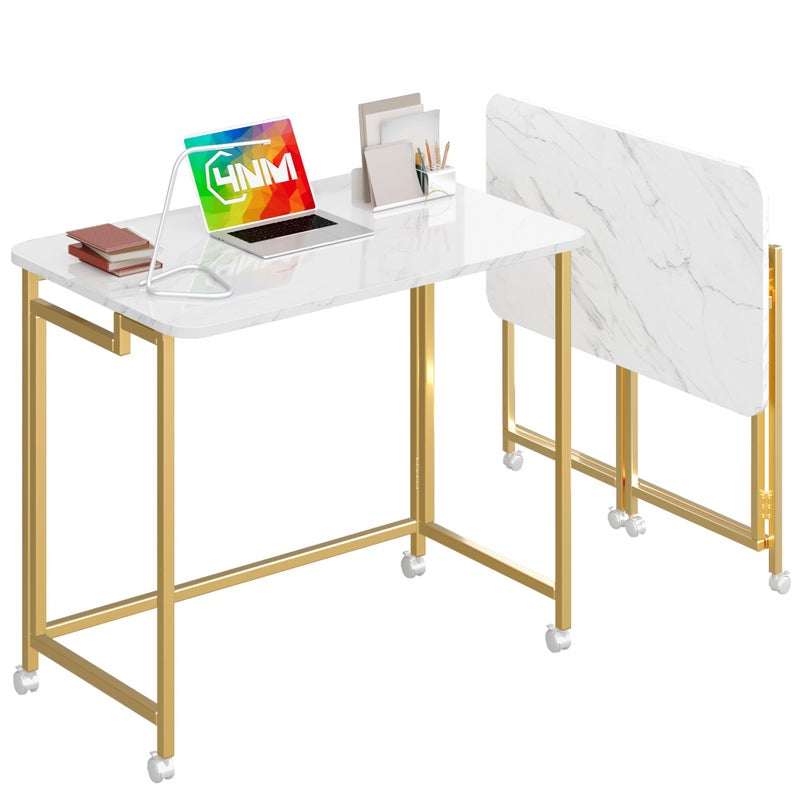 4NM 27.5" Mobile Small Rolling Computer Desk, Folding Laptop Cart Table with Wheels, Portable Office Desk for Small Space Couch Bed - White and Golden - Image 1