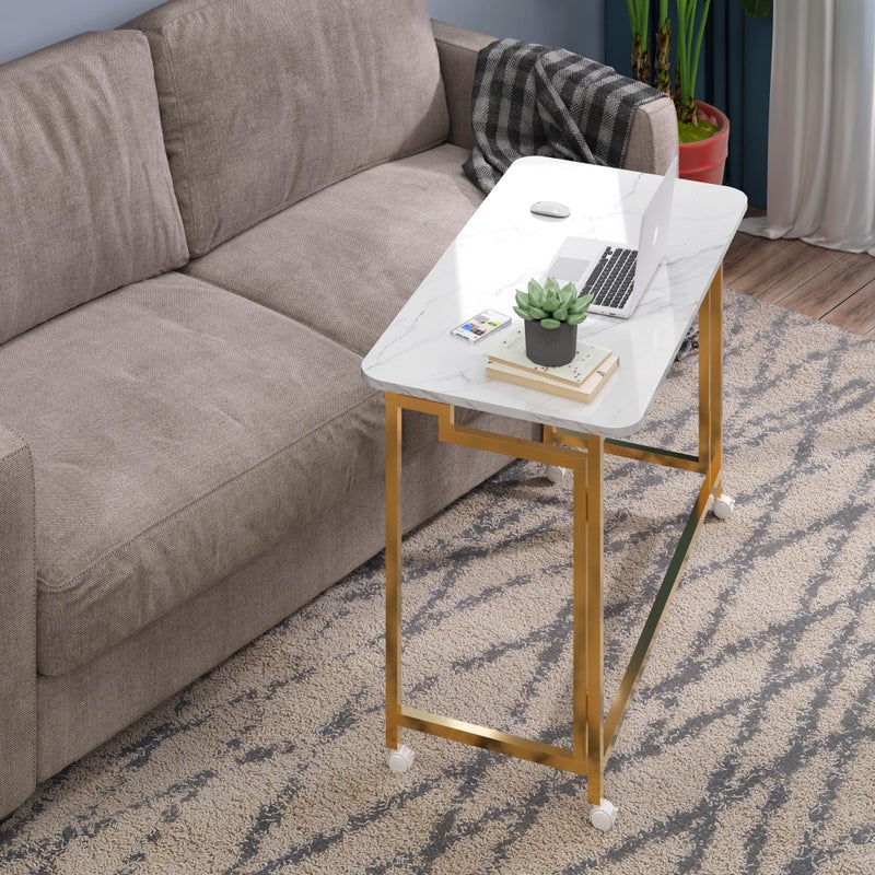 4NM 27.5" Mobile Small Rolling Computer Desk, Folding Laptop Cart Table with Wheels, Portable Office Desk for Small Space Couch Bed - White and Golden - Image 3