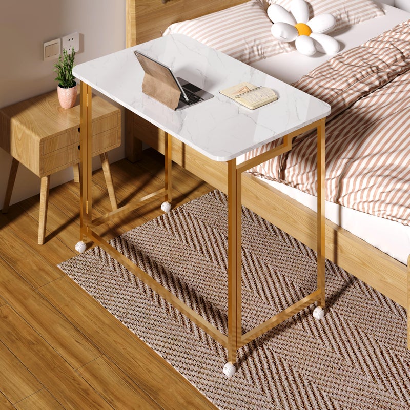 4NM 27.5" Mobile Small Rolling Computer Desk, Folding Laptop Cart Table with Wheels, Portable Office Desk for Small Space Couch Bed - White and Golden - Image 2