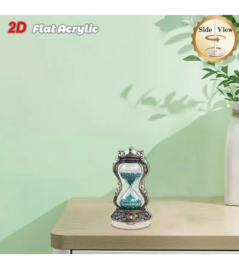 حامل زينة دوار ثنائي الأبعاد لساعة رملية أكريليك على الطاولة، تصميم رملي متدفق أنيق باللون الرمادي المخضر، لا يحتاج إلى مصدر طاقة، جو أنيق للمنزل والمكتب، هدية احتفالية لأربعة فصول. - Image 2