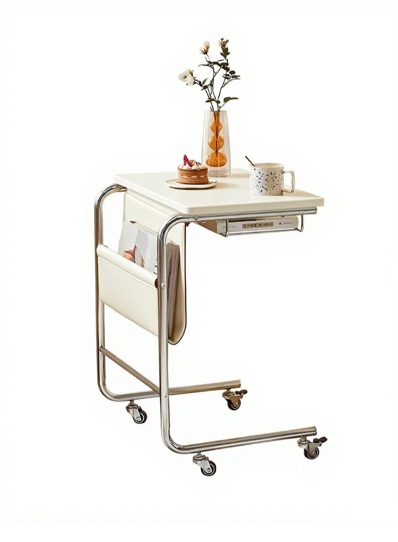 أبوستيم طاولة جانبية أنيقة عالية الجودة، طاولة قهوة بجانب السرير مع عجلات، طاولة متحركة، تخزين جلدي، بجانب السرير، درج غائر، مناسبة جدًا للمنزل (أبيض) - Image 1