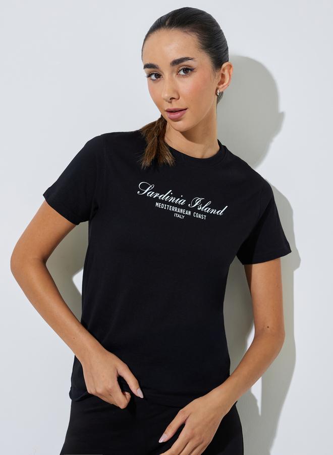 Styli Black Cotton Text Print T-Shirt and Flared Leggings Co-Ord Set - Image 4