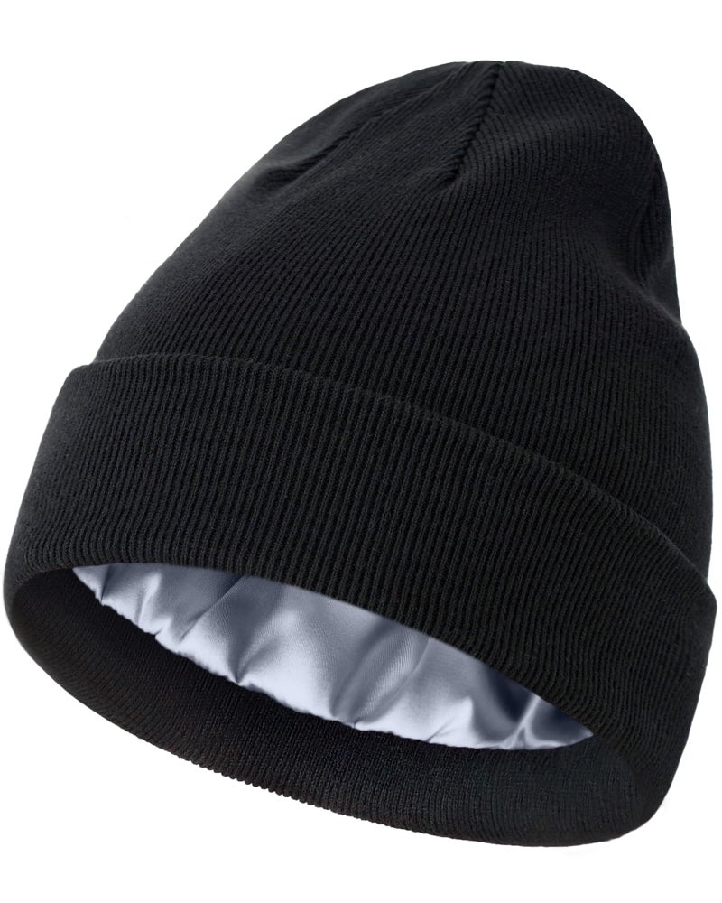 Roybens Satin Lined Beanie, 100% Cotton Beanies Hats for Men Women, Slouchy Knit Cuffed Winter Warm Soft Hat, Silk Lining Snug Skull Cap - Image 1