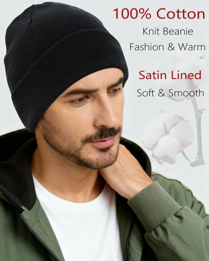 Roybens Satin Lined Beanie, 100% Cotton Beanies Hats for Men Women, Slouchy Knit Cuffed Winter Warm Soft Hat, Silk Lining Snug Skull Cap - Image 2