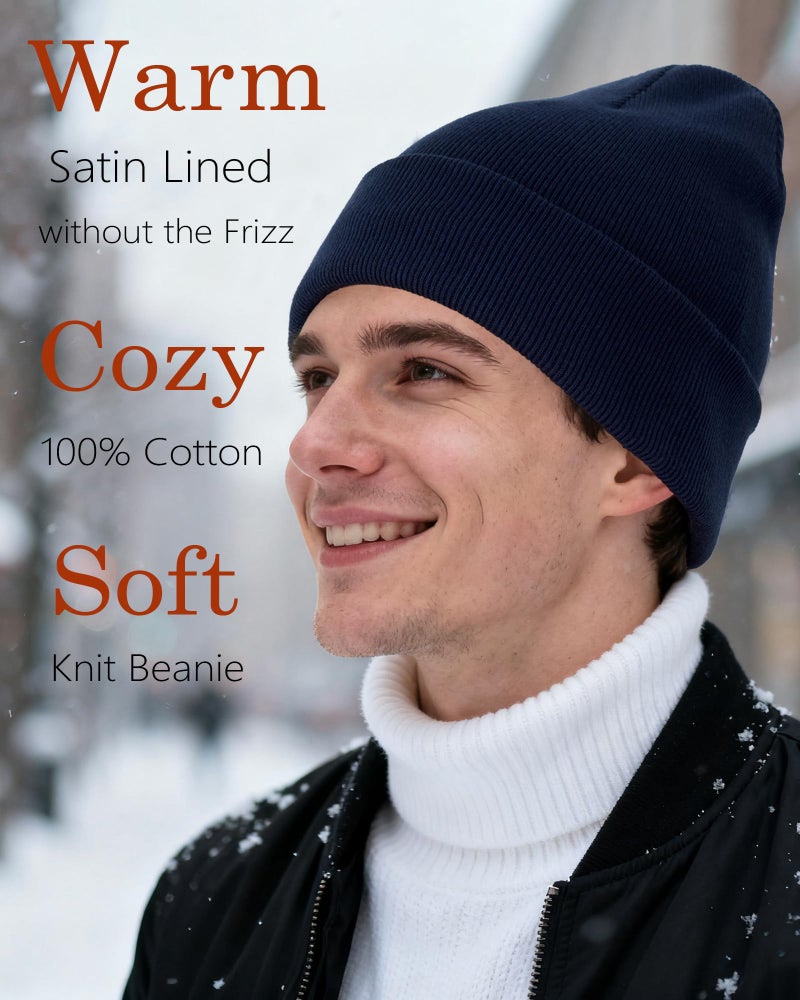 Roybens Satin Lined Beanie, 100% Cotton Beanies Hats for Men Women, Slouchy Knit Cuffed Winter Warm Soft Hat, Silk Lining Snug Skull Cap - Image 4