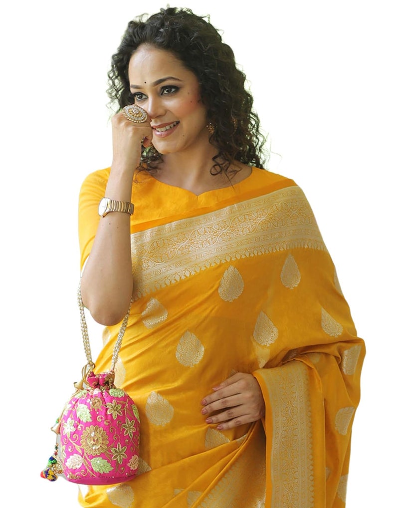 SIRIL Women's Kanjivaram Soft Silk Saree Pure Silk Saree With Unstitched Blouse Piece (4192S782_Yellow) - Image 1