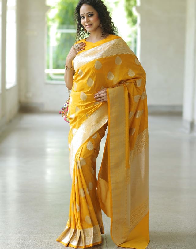 SIRIL Women's Kanjivaram Soft Silk Saree Pure Silk Saree With Unstitched Blouse Piece (4192S782_Yellow) - Image 2