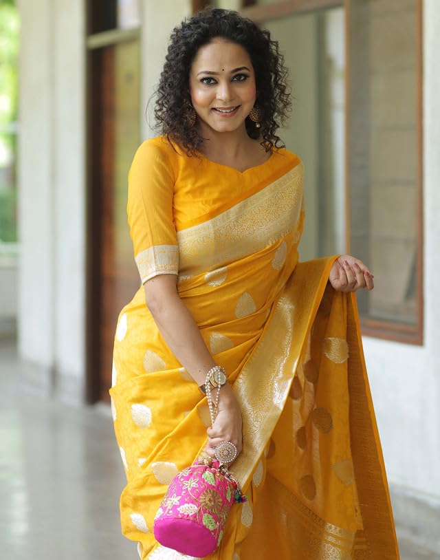 SIRIL Women's Kanjivaram Soft Silk Saree Pure Silk Saree With Unstitched Blouse Piece (4192S782_Yellow) - Image 3