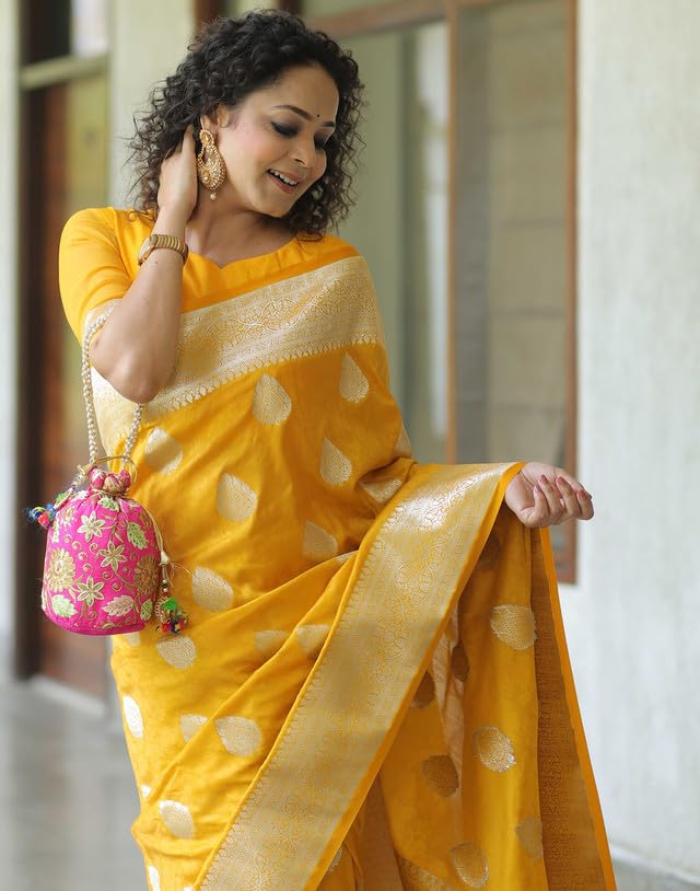 SIRIL Women's Kanjivaram Soft Silk Saree Pure Silk Saree With Unstitched Blouse Piece (4192S782_Yellow) - Image 4