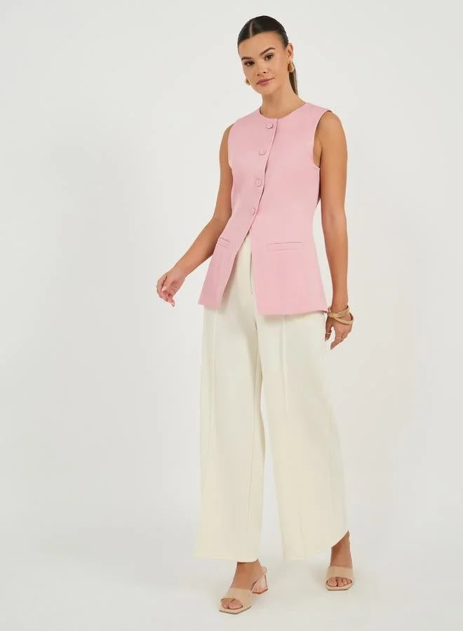 Styli Round Neck Buttoned Placket Longline Top