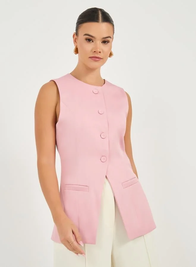 Styli Round Neck Buttoned Placket Longline Top