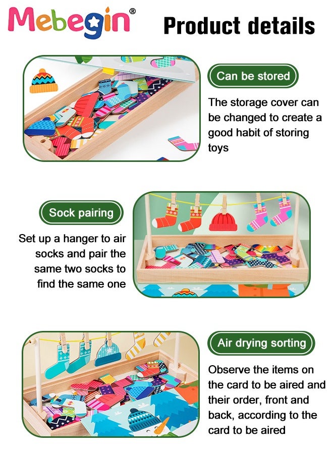 MEBEGIN - Funny Sock Drying Game, Sock Pairing Toy Set, Wooden Pairing Socks Puzzle with Storage Box and 20 Cards, No Need for Cropping, Educational Memory and Observation Game for Children, Interactive Family Game - Image 1