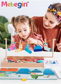 Funny Sock Drying Game, Sock Pairing Toy Set, Wooden Pairing Socks Puzzle with Storage Box and 20 Cards, No Need for Cropping, Educational Memory and Observation Game for Children, Interactive Family Game