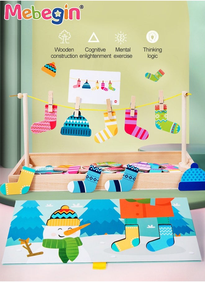 MEBEGIN - Funny Sock Drying Game, Sock Pairing Toy Set, Wooden Pairing Socks Puzzle with Storage Box and 20 Cards, No Need for Cropping, Educational Memory and Observation Game for Children, Interactive Family Game - Image 1