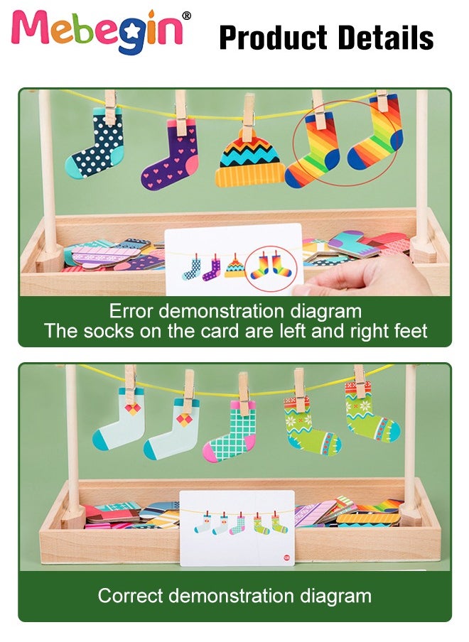 MEBEGIN - Funny Sock Drying Game, Sock Pairing Toy Set, Wooden Pairing Socks Puzzle with Storage Box and 20 Cards, No Need for Cropping, Educational Memory and Observation Game for Children, Interactive Family Game - Image 1