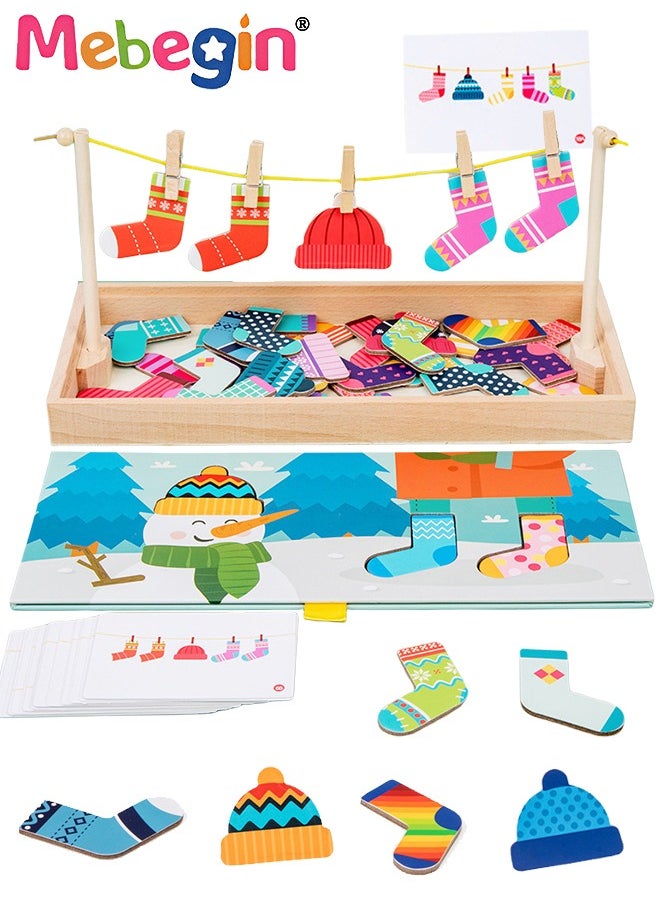 MEBEGIN - Funny Sock Drying Game, Sock Pairing Toy Set, Wooden Pairing Socks Puzzle with Storage Box and 20 Cards, No Need for Cropping, Educational Memory and Observation Game for Children, Interactive Family Game - Image 1