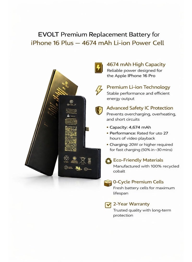 EVOLT Premium Replacement Battery for iPhone 16 plus– 4674mAh Li-ion Power Cell - Image 4