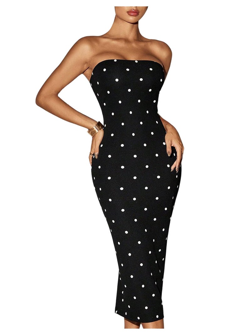WDIRARA Women's Polka Dots Strapless Tube Dress Cocktail Party Bodycon Midi Dresses Black X-Small - Image 1