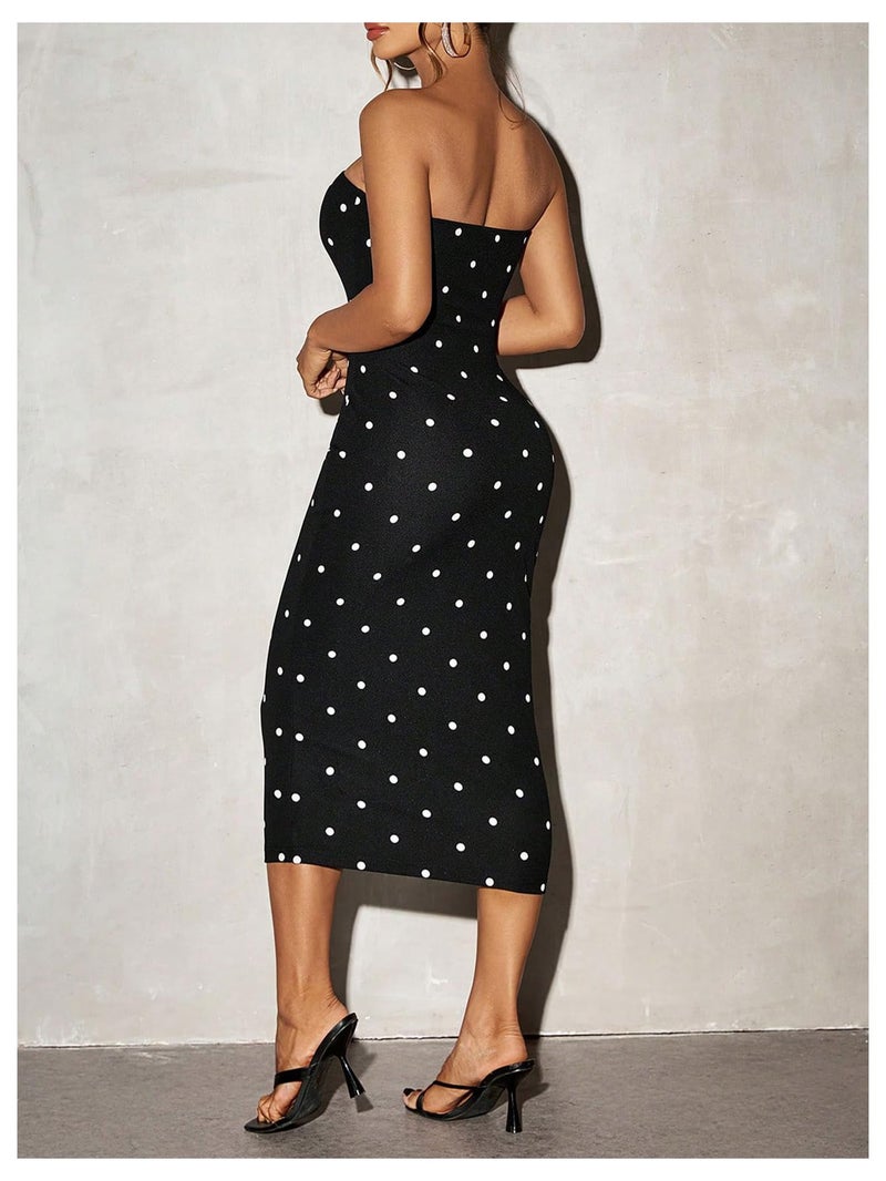 WDIRARA Women's Polka Dots Strapless Tube Dress Cocktail Party Bodycon Midi Dresses Black X-Small - Image 2