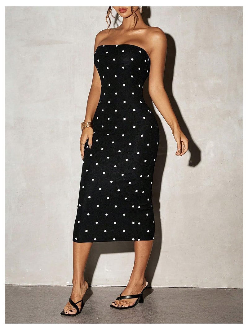 WDIRARA Women's Polka Dots Strapless Tube Dress Cocktail Party Bodycon Midi Dresses Black X-Small - Image 3