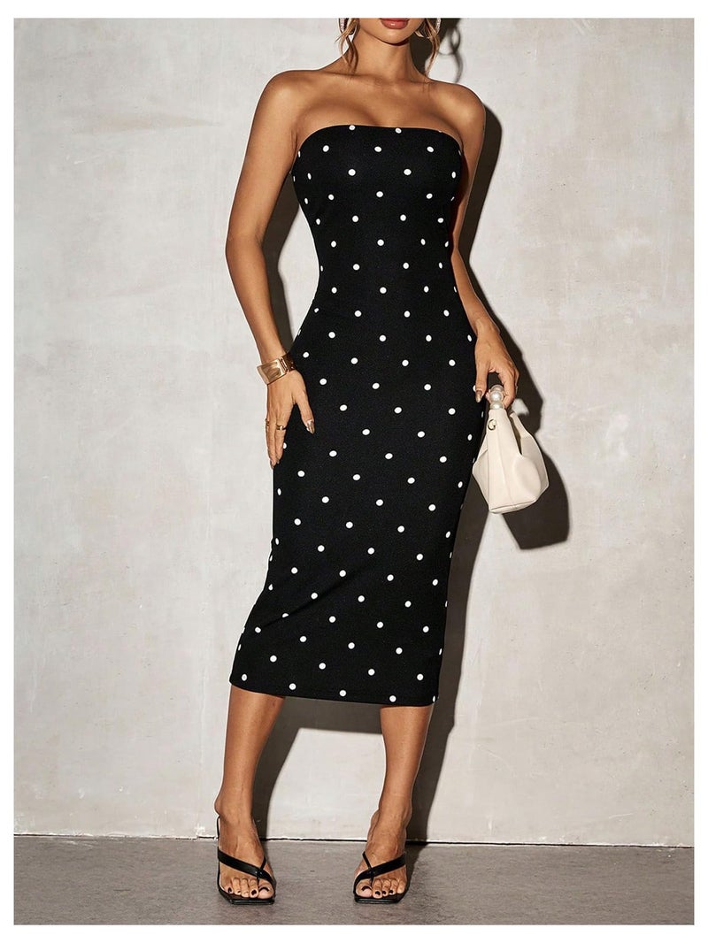 WDIRARA Women's Polka Dots Strapless Tube Dress Cocktail Party Bodycon Midi Dresses Black X-Small - Image 4